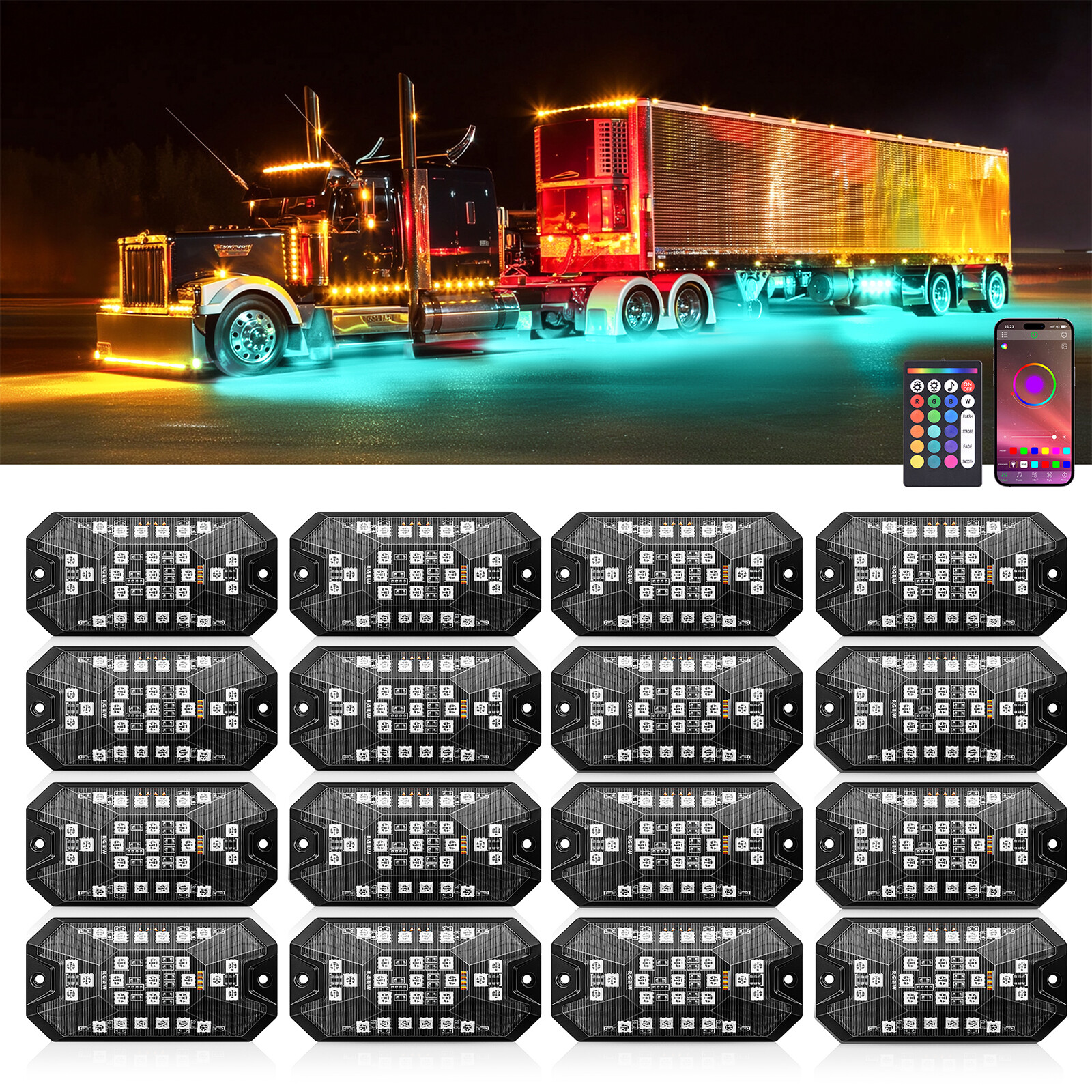 16-Pods RGBW LED Underglow Rock Lights for Trucks Cars, App & Remote Controller