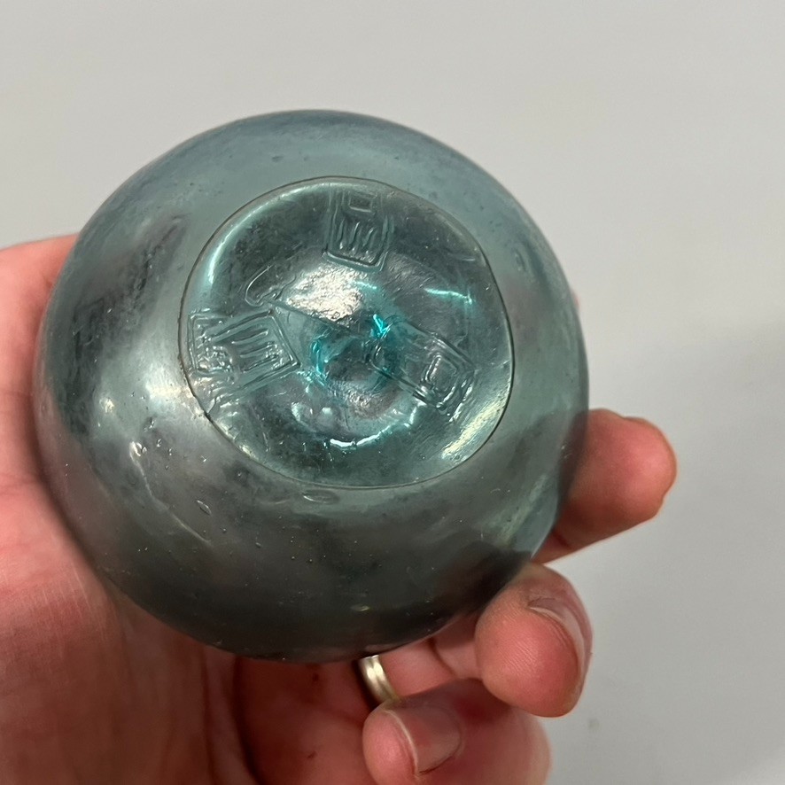 VTG Japanese Antique Hand Blown Glass Float Green Gray SeaGlass Teal 3" Hallmark