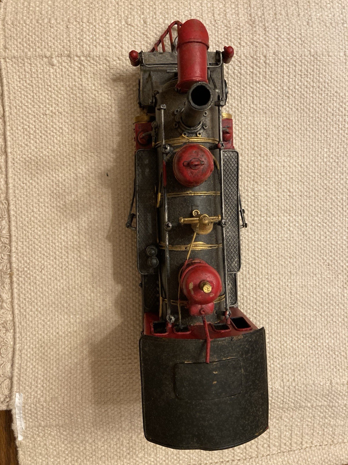 Vtg Decorative Metal Steam Locomotive Model Train Engine Red Black Gold On Base