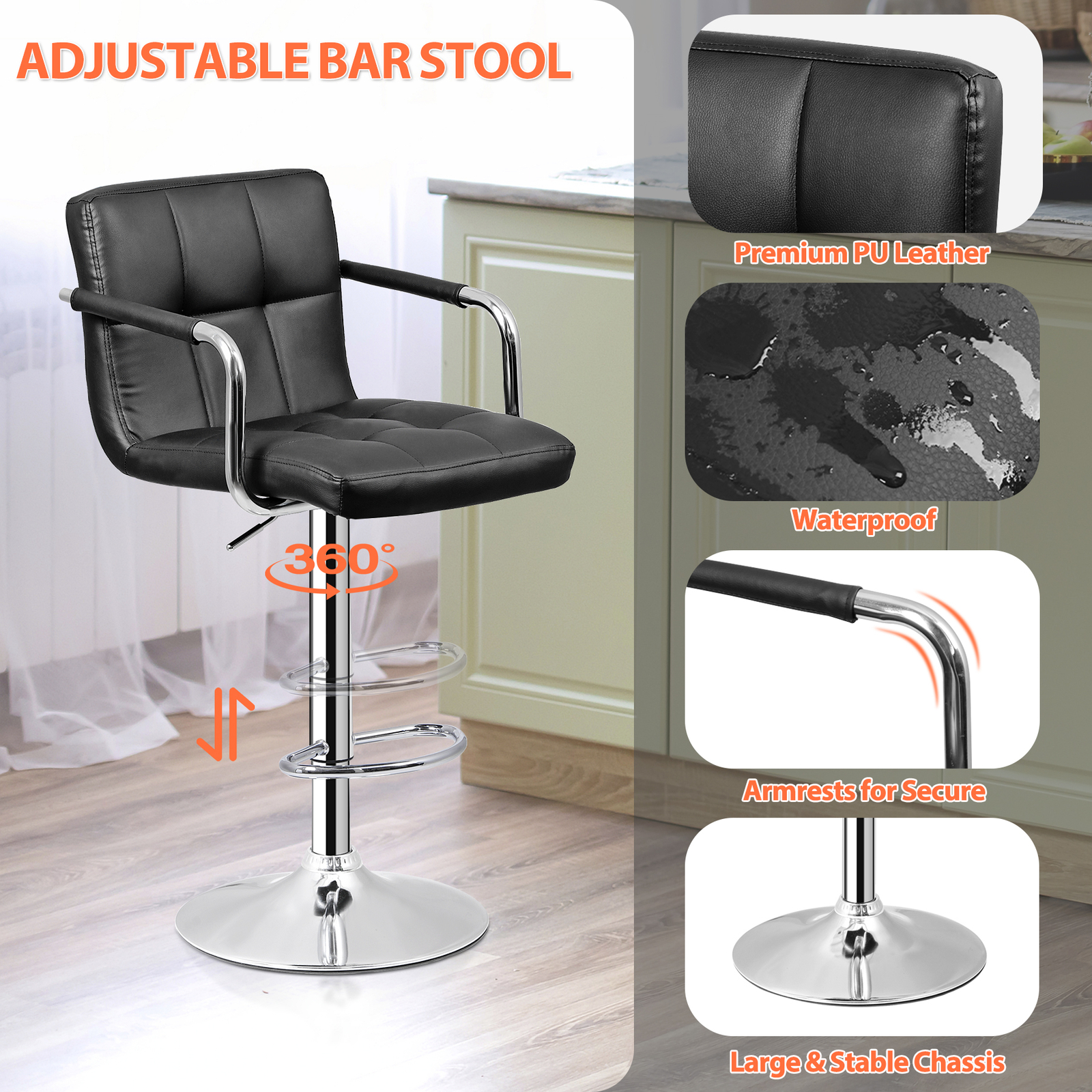 Set of 4 Bar Stools Swivel Adjustable Bar Chairs PU Leather w/Backrest & Armrest
