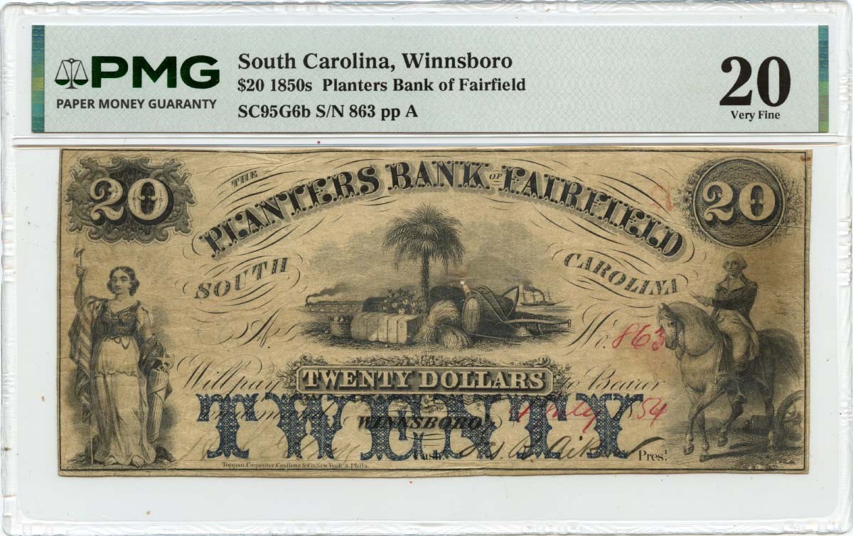 1854 $20 Winnsboro South Carolina Obsolete Note Planters Bank Fairfield PMG VF20