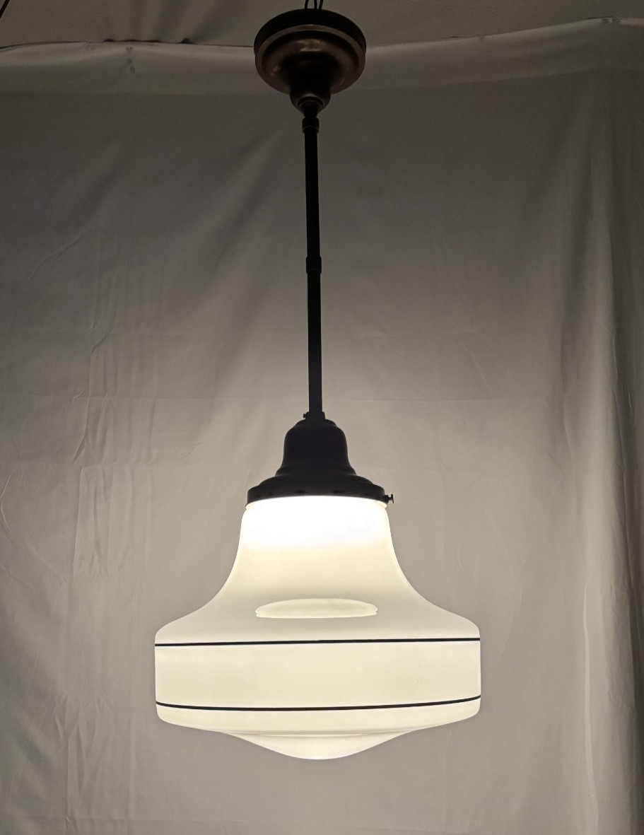 Schoolhouse Ceiling Light Fixture Vtg Art Glass Shade Black Stripes USA #L43