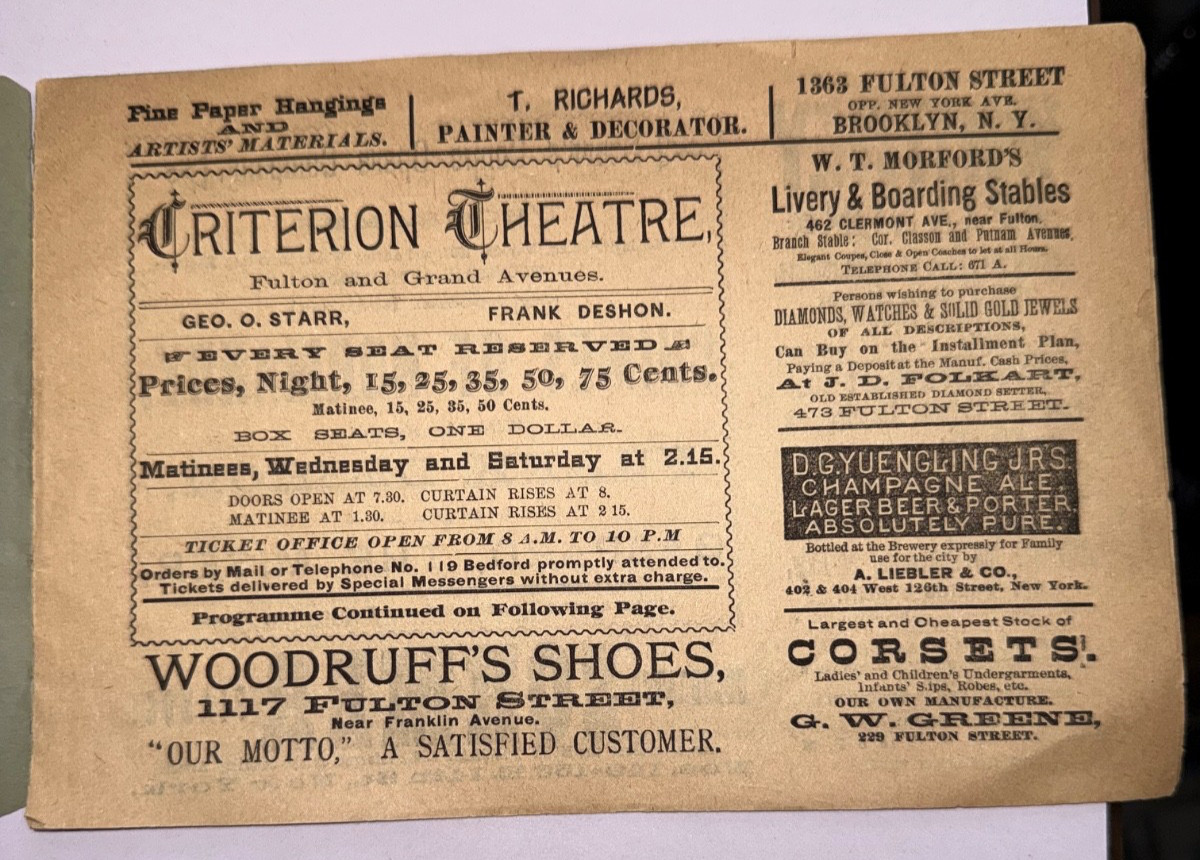 RARE 1887 CRITERION THEATRE PROGRAM CHIMES OF NORMANDY AT FULTON & GRAND AVENUE