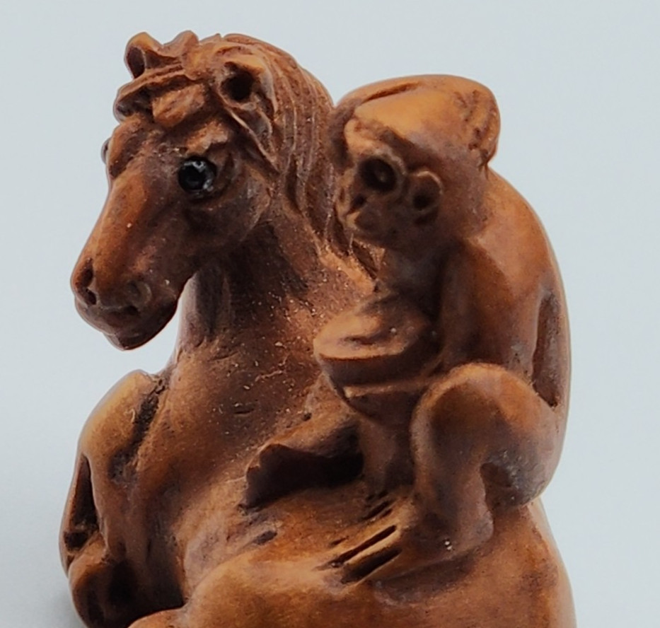Ojime Bead? Carved Wood Monkey on Horse 2.5 cm Wide x 2.5 cm Tall Signed