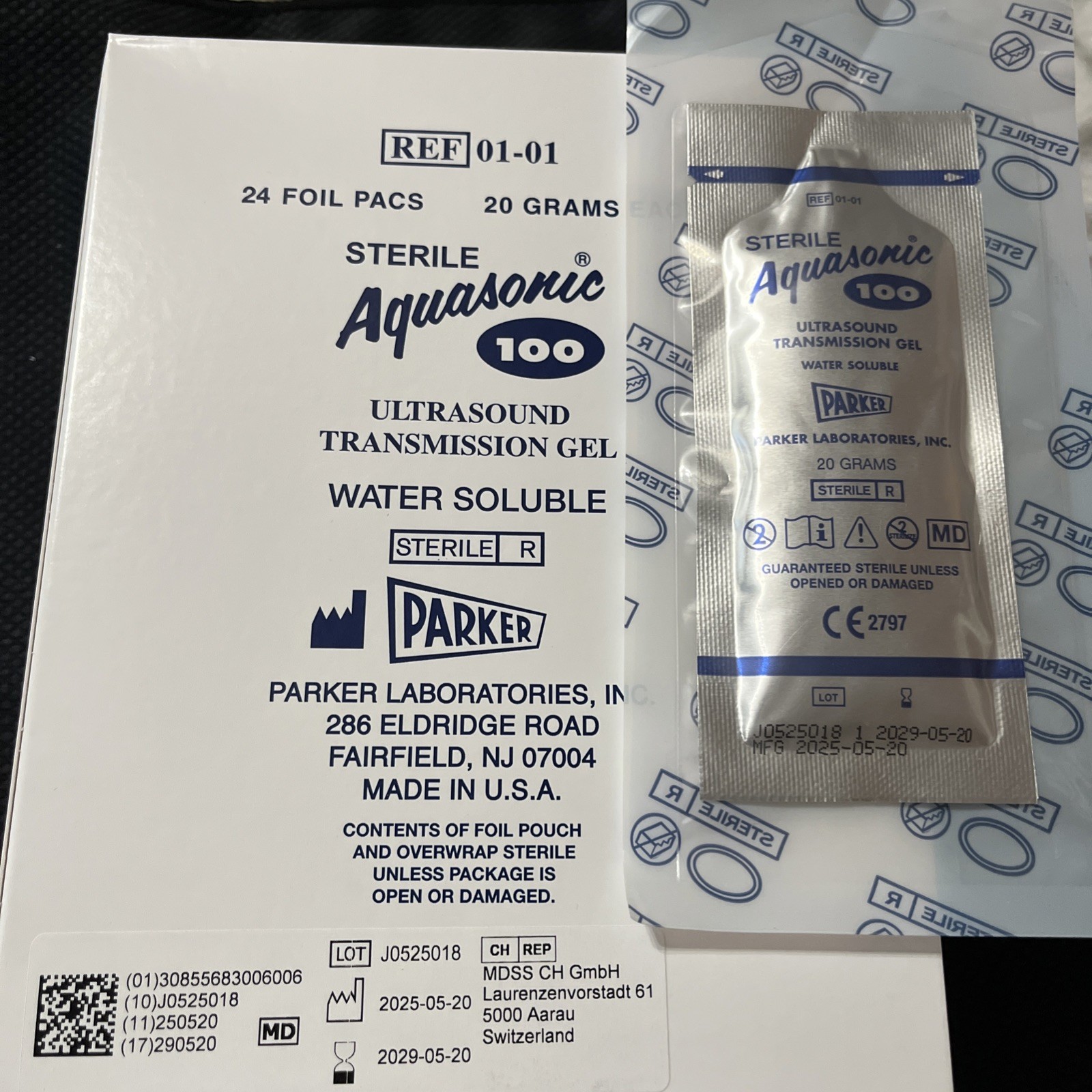 Parker 01-01 Aquasonic 100 Ultrasound Transmission Gel 20gr, 24 Foil Packs 05/29