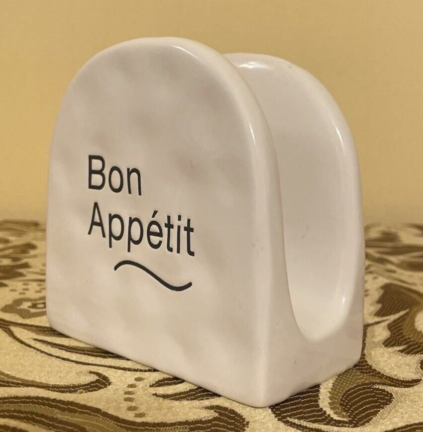 Napkin Holder Ceramic Tabletop White Black Text "Bon Appetit"