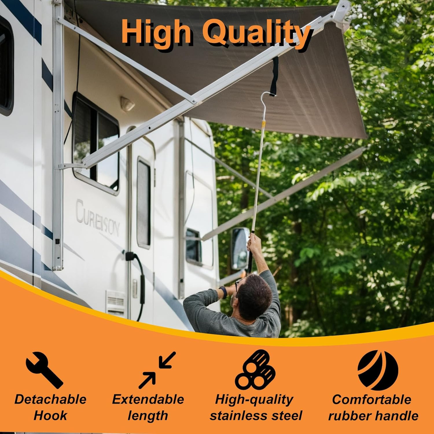 Portable RV Awning Opener Pole, 63-Inch Easy Reach Telescoping Pole with Hook, P