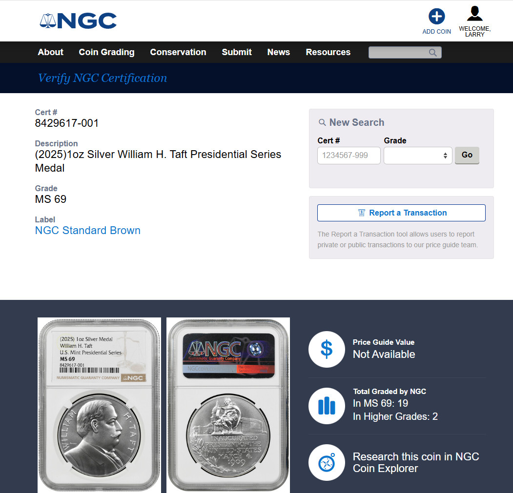 2025 (P) William H Taft Presidential Silver Medal NGC MS 69 +Mint Box&COA & RARE