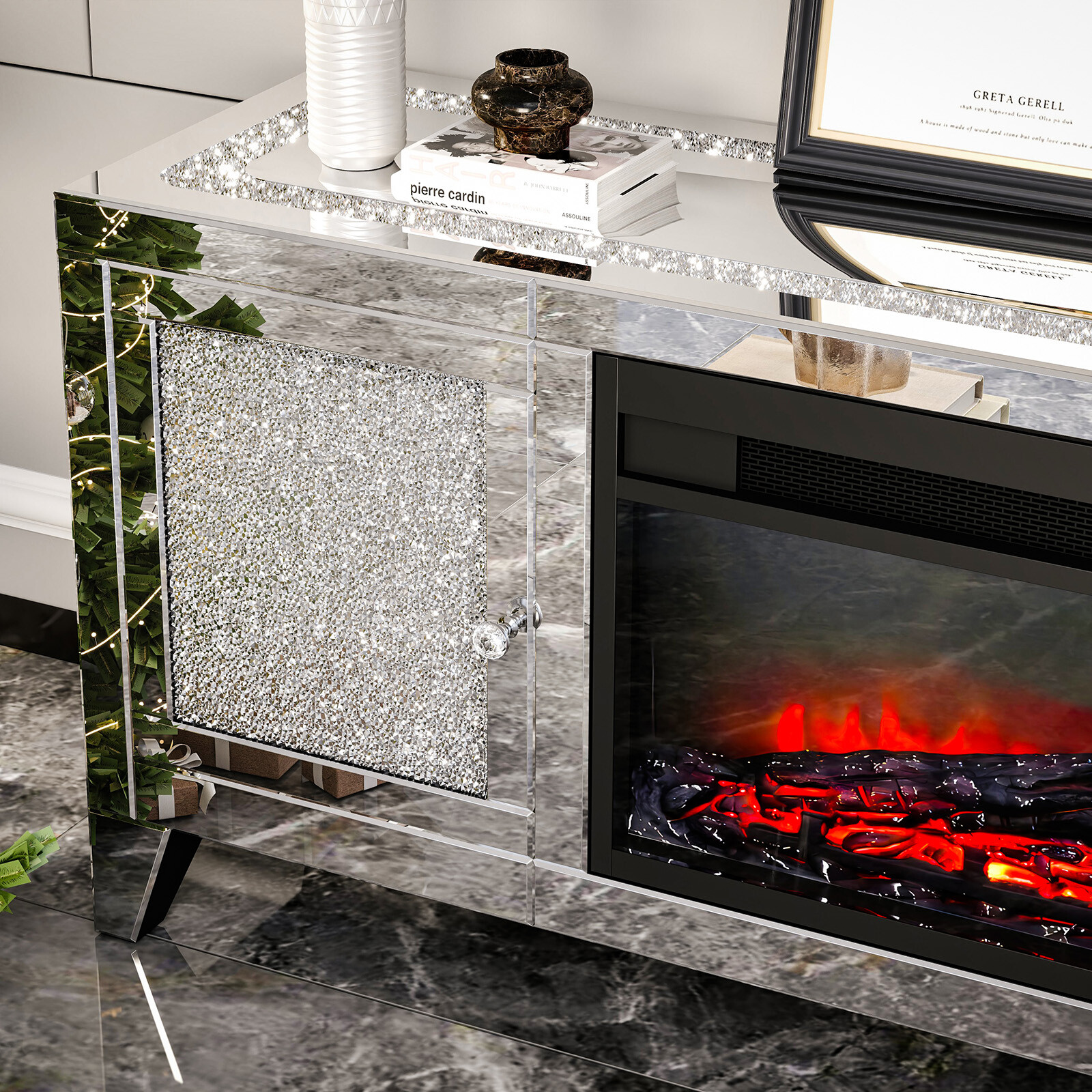 COSVALVE 59"Mirrored Fireplace TV Stand Entertainment Center Crush Diamond 2Door