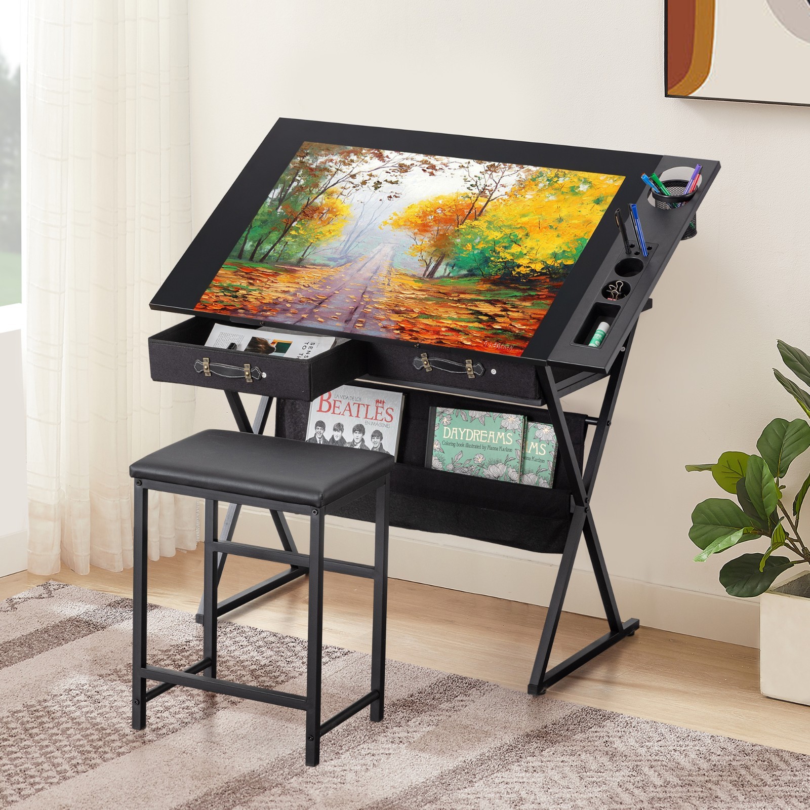 Vecelo Drafting Table Art Desk Art Table Adjustable Drawing Table w/Drawer Stool