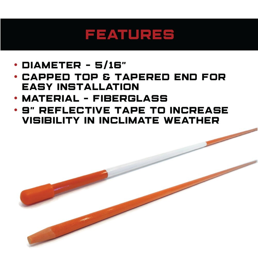 (Pack of 10) 5/16" Orange Snow Poles with Reflector, Heavy Duty Fiberglass Rod