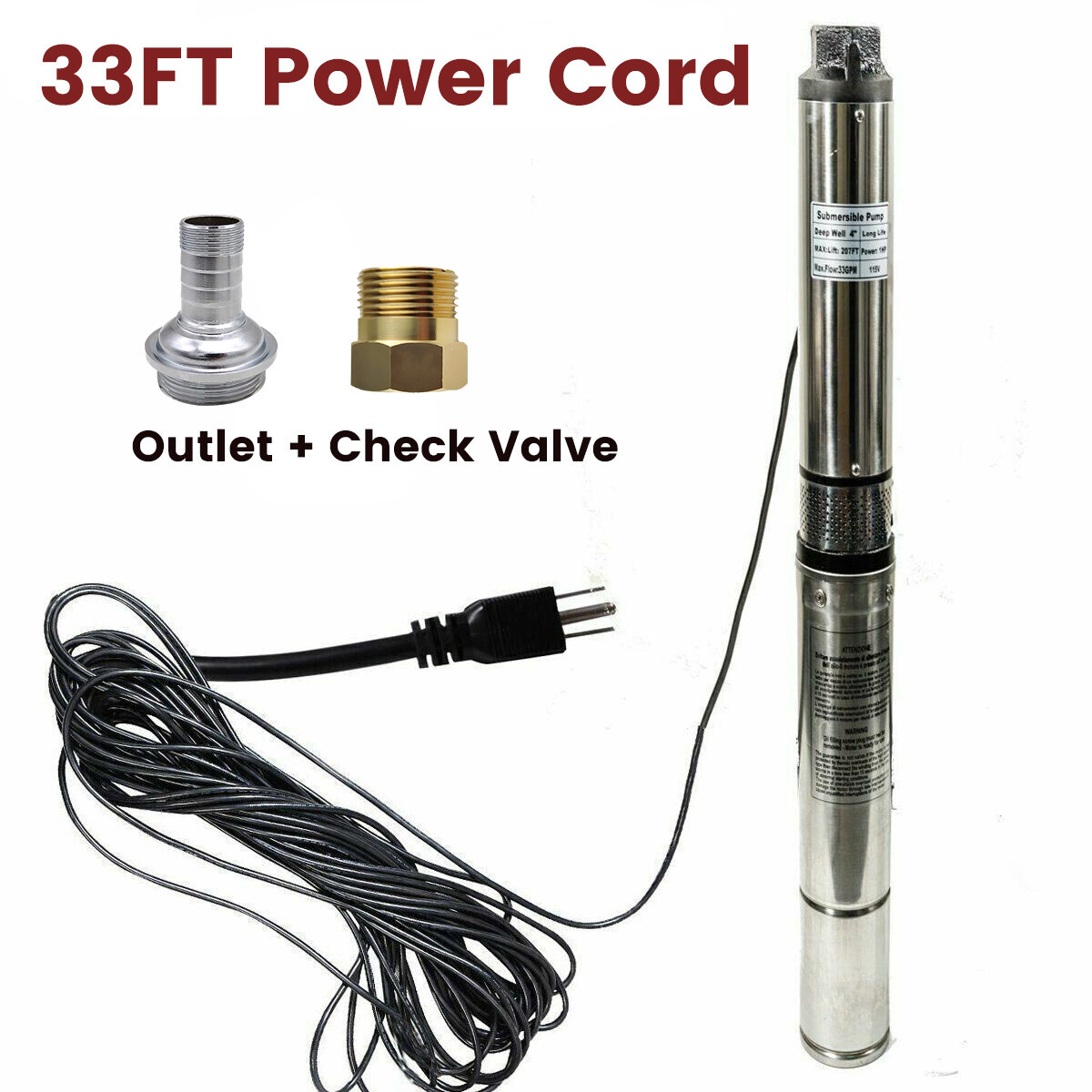 1 HP 4'' Deep Well Submersible Pump ,115V, 35 GPM, 207 ft ,60Hz,Stainless Steel