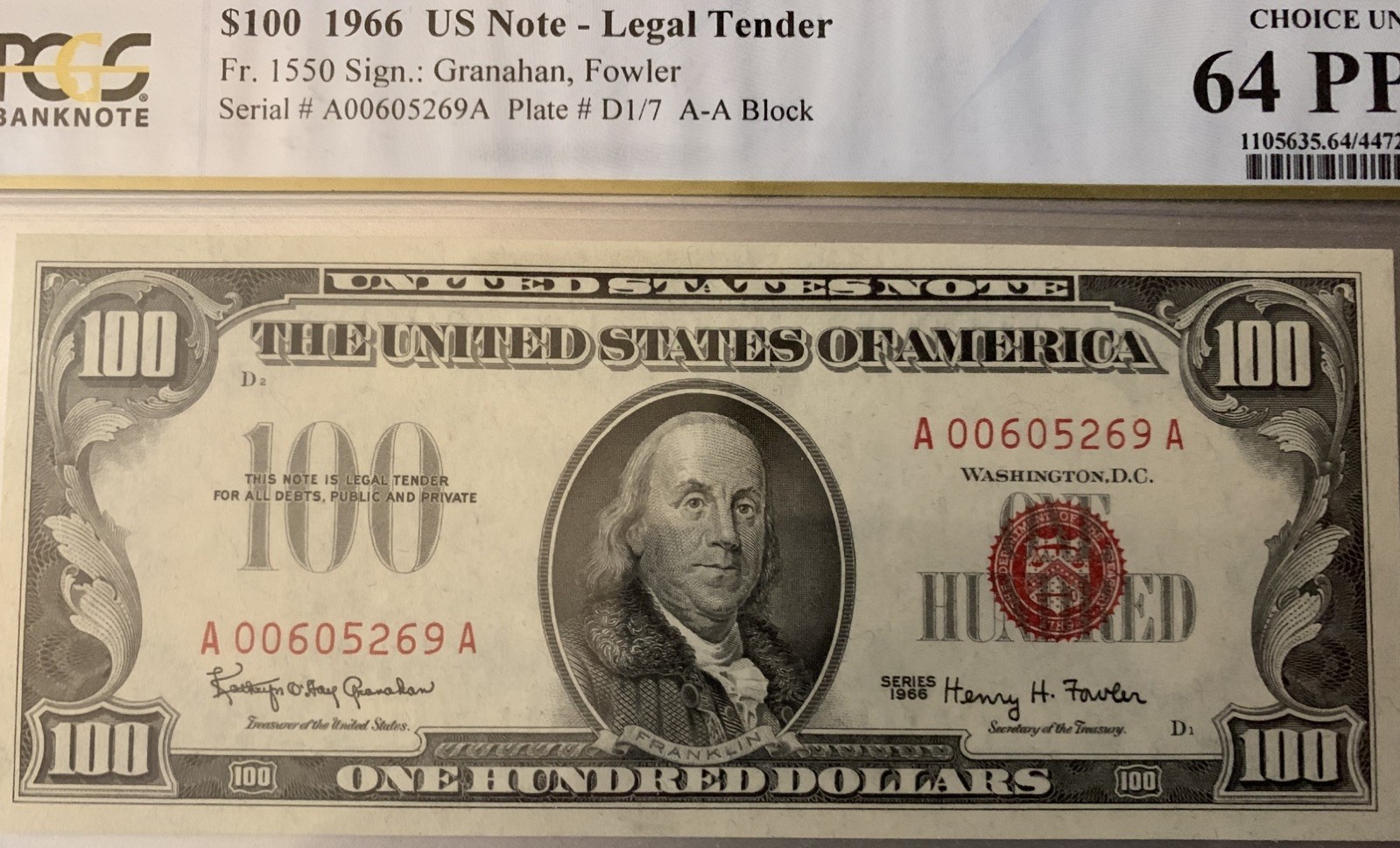 US Note Legal Tender 1966 $100 Legal Fr. 1550 PCGS-64