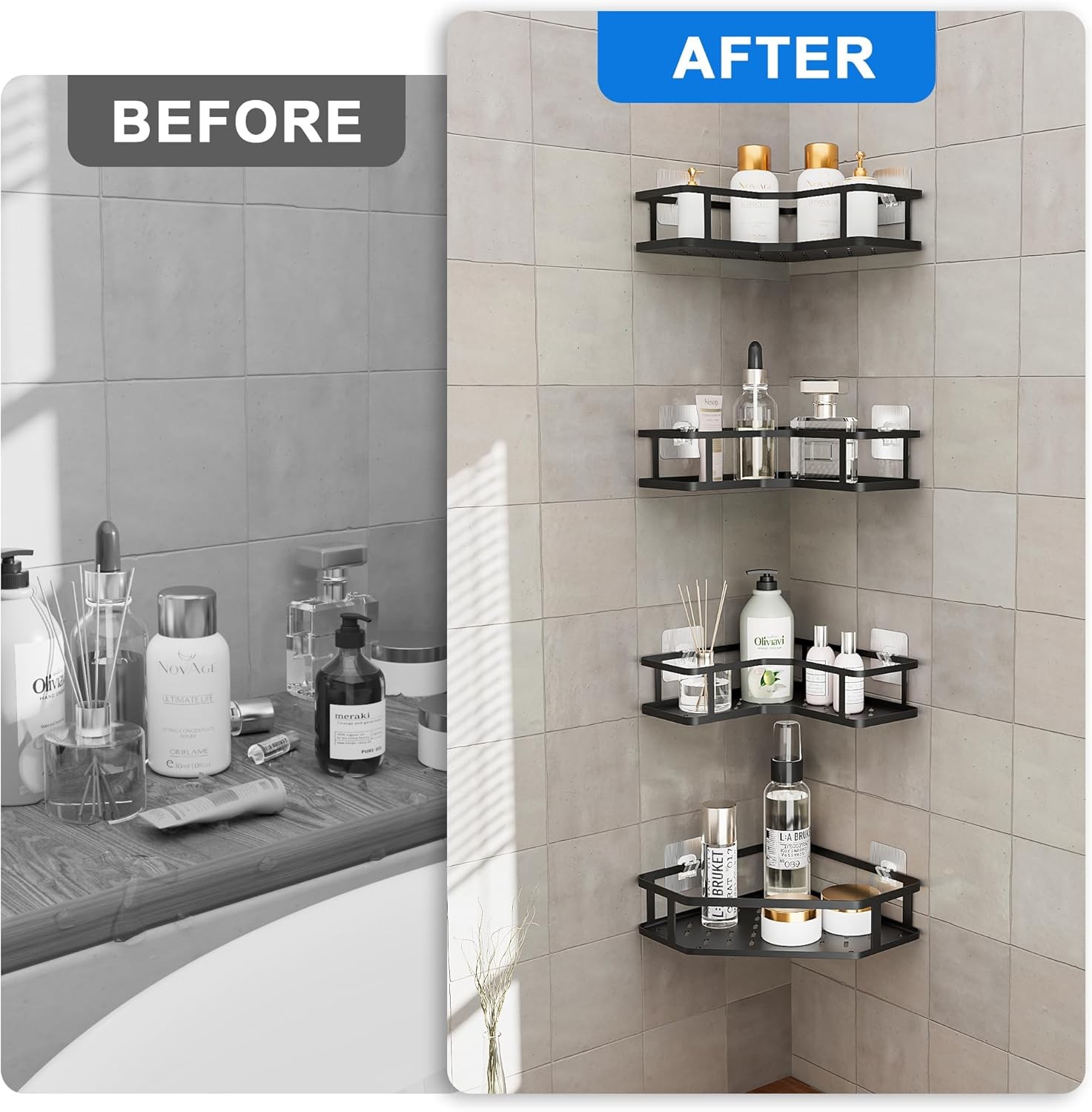 4 Tier Stainless Steel Tall Corner Shower Organizer, No Drilling Shelves