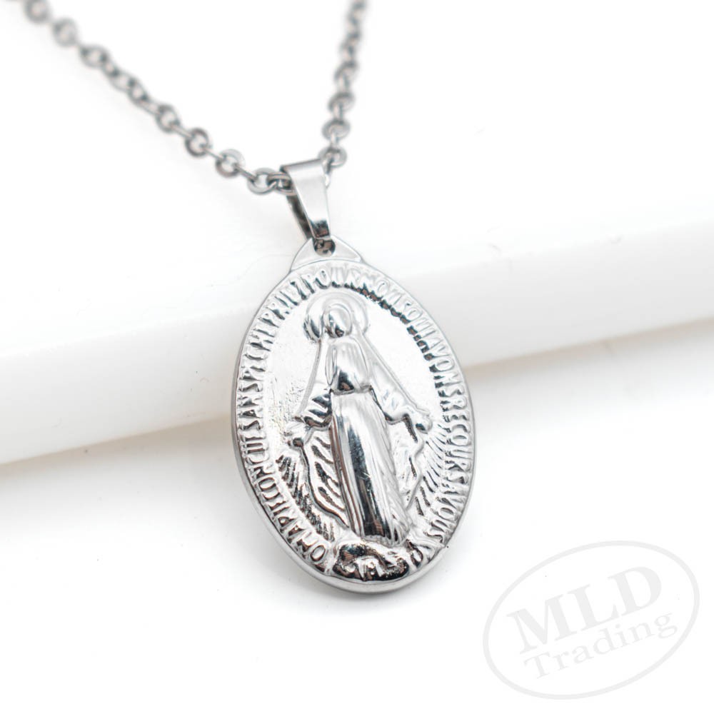 Miraculous Medal Necklace – Stainless Steel Virgin Mary Pendant – 18”+2” Chain