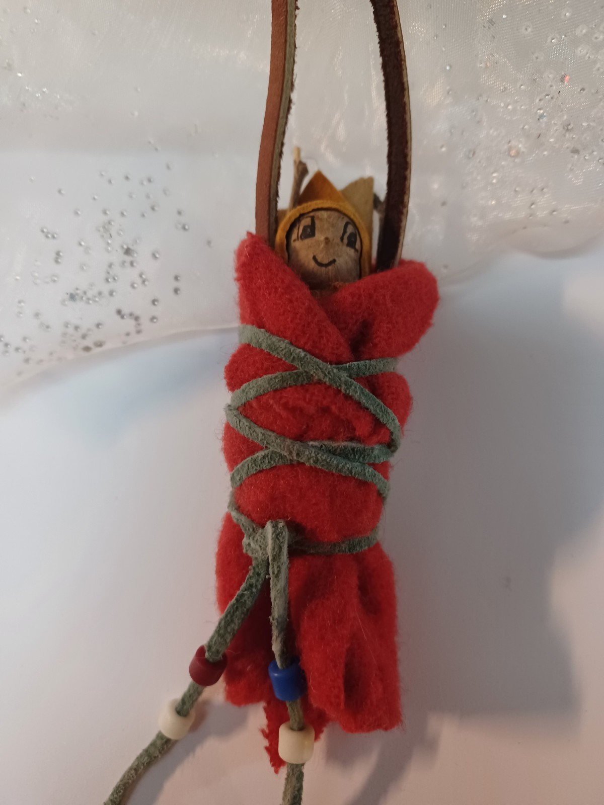 Primitive Hand Made Native American Baby In Papoose 4 Inches Leather