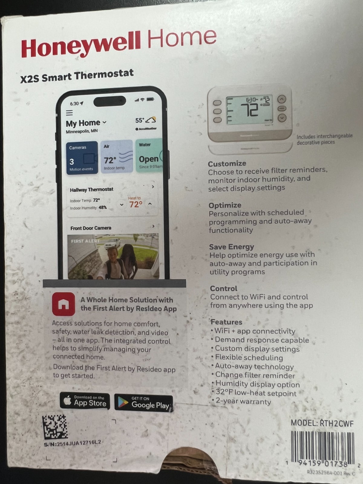 Honeywell X2S Smart Thermostat RTH2CWF Conventional/Heat Pump WiFi 7382/OB