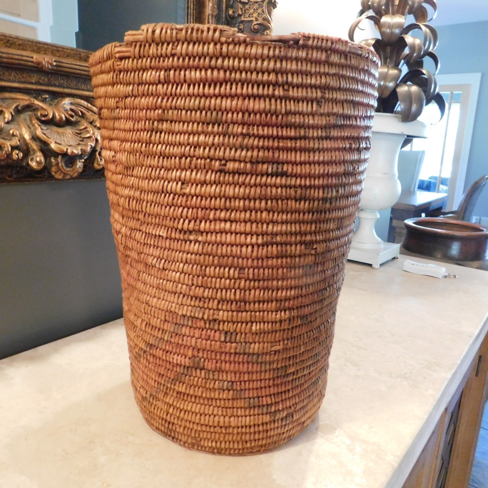 VINTAGE SOUTHWEST INDIAN JICARILLA APACHE POLYCHROME CYLINDRICAL BASKET