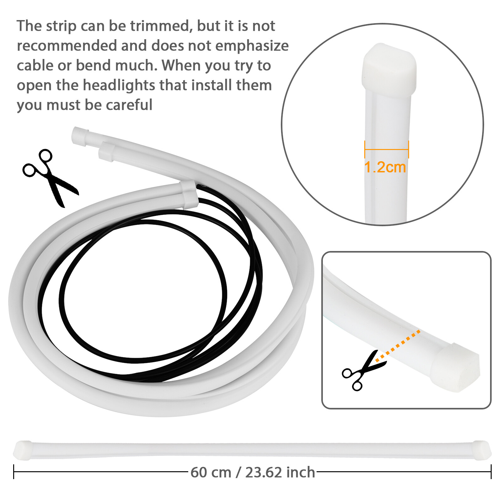 2X White 60cm Flexible Tube LED Strip Daytime Runnning DRL Light Headlight Lamp
