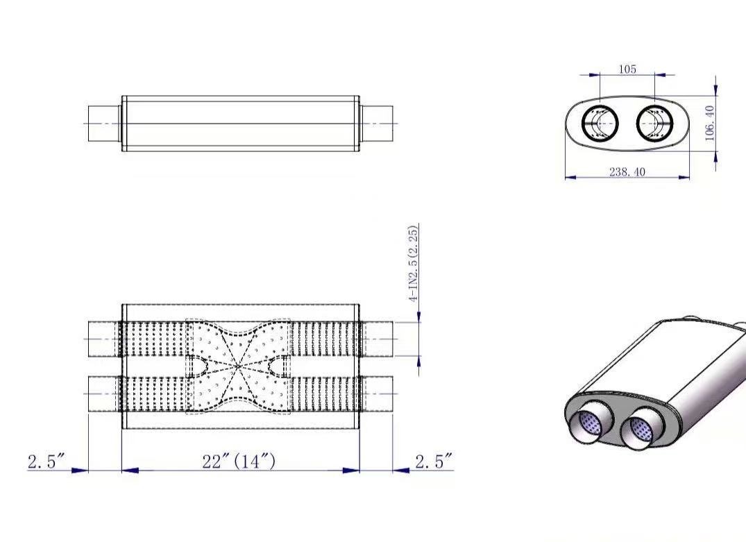 Performance Muffler 2.5" Dual \ 2.5" Dual Body Length 14" Crossover X SS