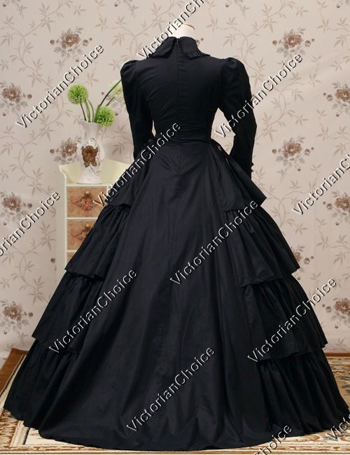 Black Victorian Gothic Maid Mourning Dress Steampunk Witch Halloween Costume 007