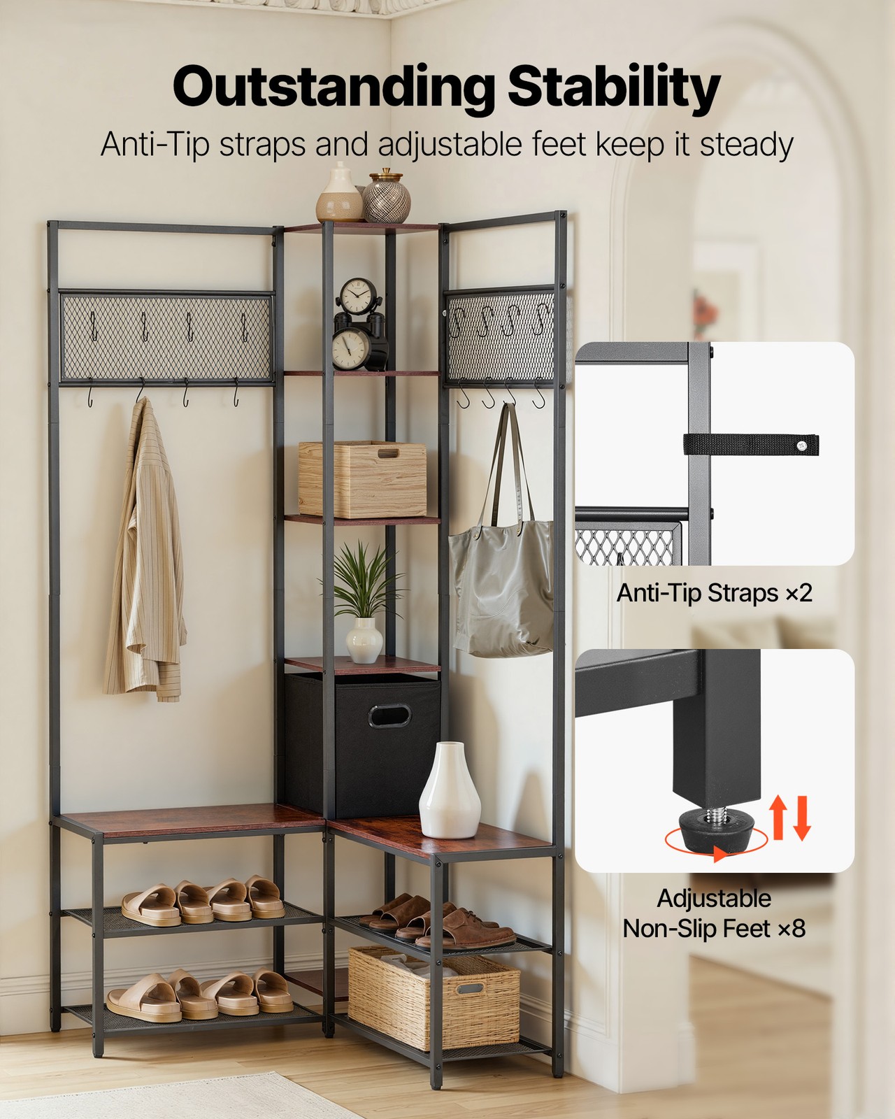 Uimoso Corner Hall Tree with Shoe Bench, 70.9 in Coat Rack with Hooks and Frame