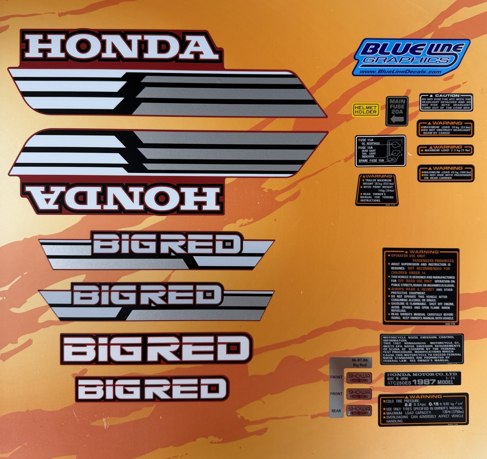 1987 Honda ATC250ES 250ES ATC Big Red Tank Decals Complete Kit 87 Sticker 250