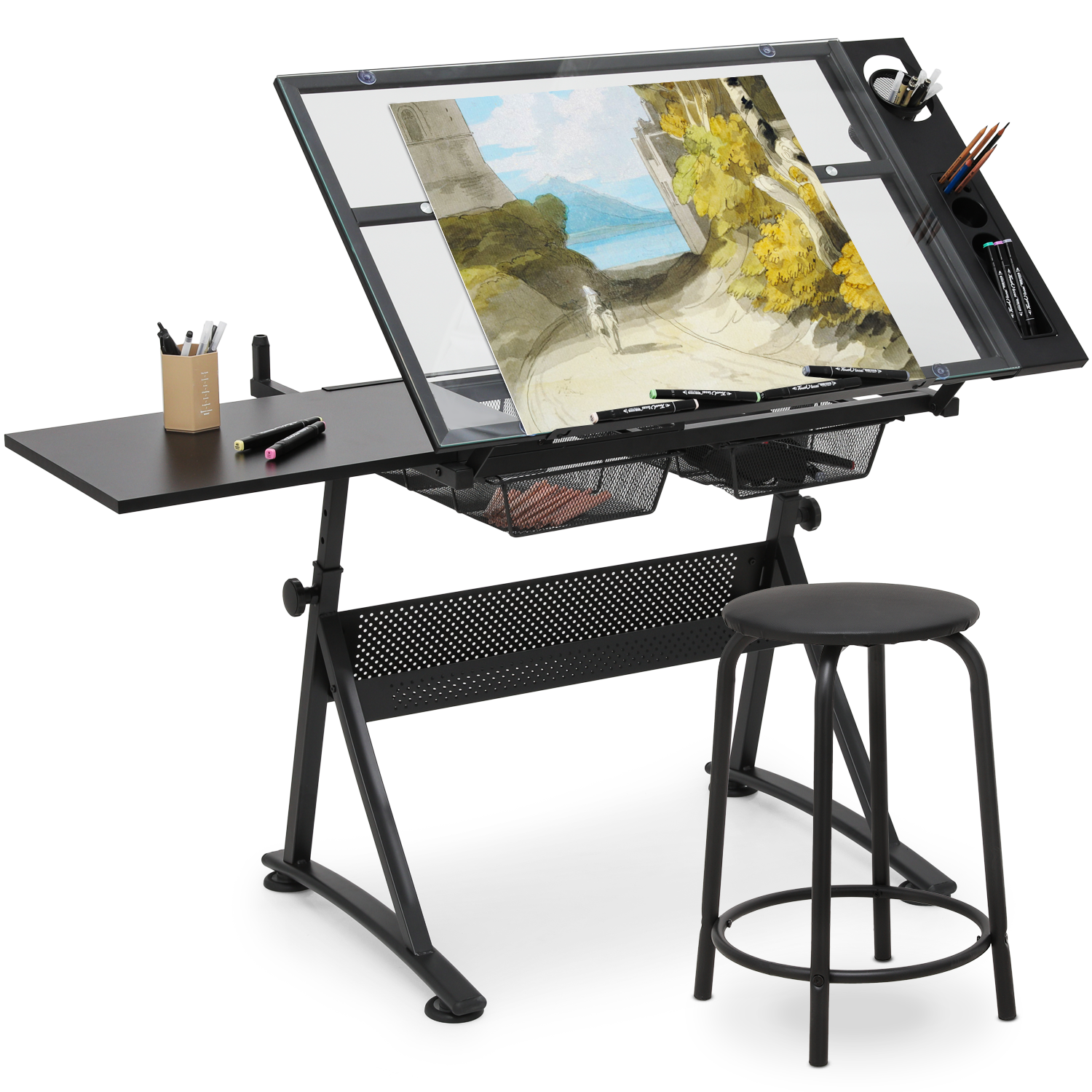 Drafting Table Adjustable Tempered Glass Art Craft Drawing Work Station w/Stool
