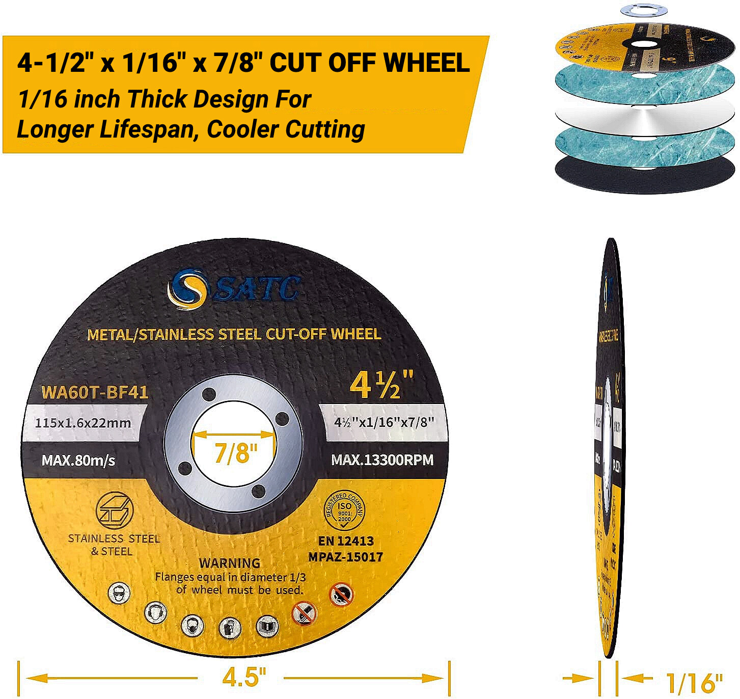 100 Pack 4-1/2" x 1/16" x 7/8" Cut-off Wheels Discs Stainless Steel & Metal 4.5"