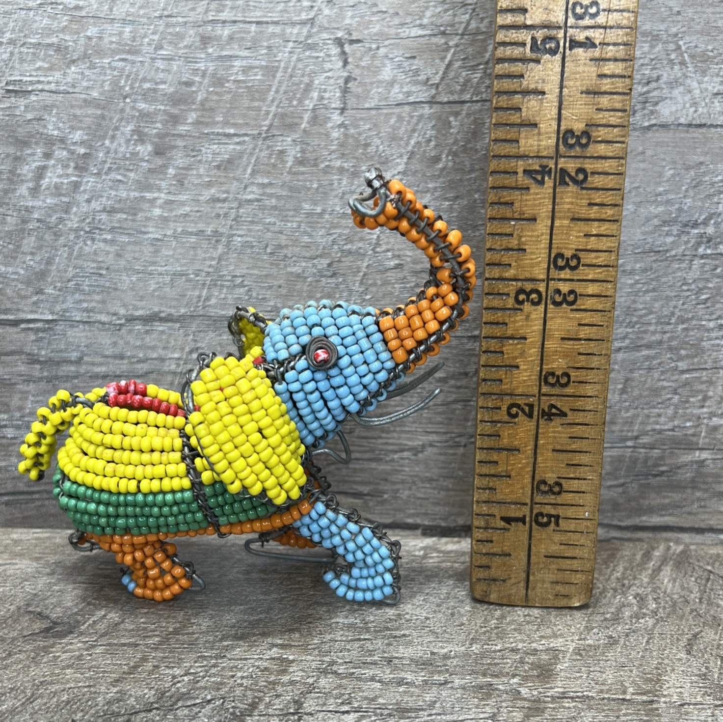 Handcrafted Elephant Beaded Wire Sculpture with Trunk Up for Good Luck Sculpture