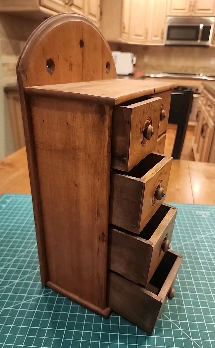 ANTIQUE PRIMITIVE HANGING SPICE CABINET w/ 8 STENCILED DRAWERS - gw!