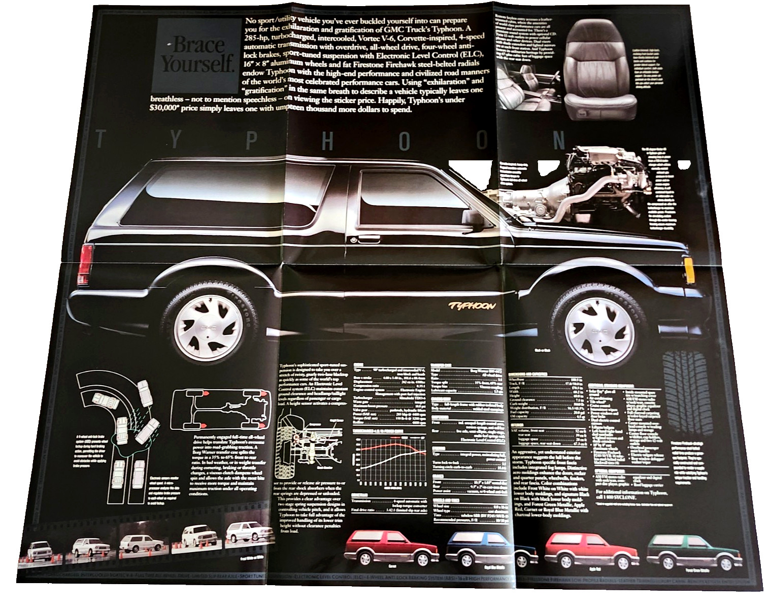 New Original 1992 - 93 GMC Typhoon SUV Dealership Fold Out Poster Sales Brochure