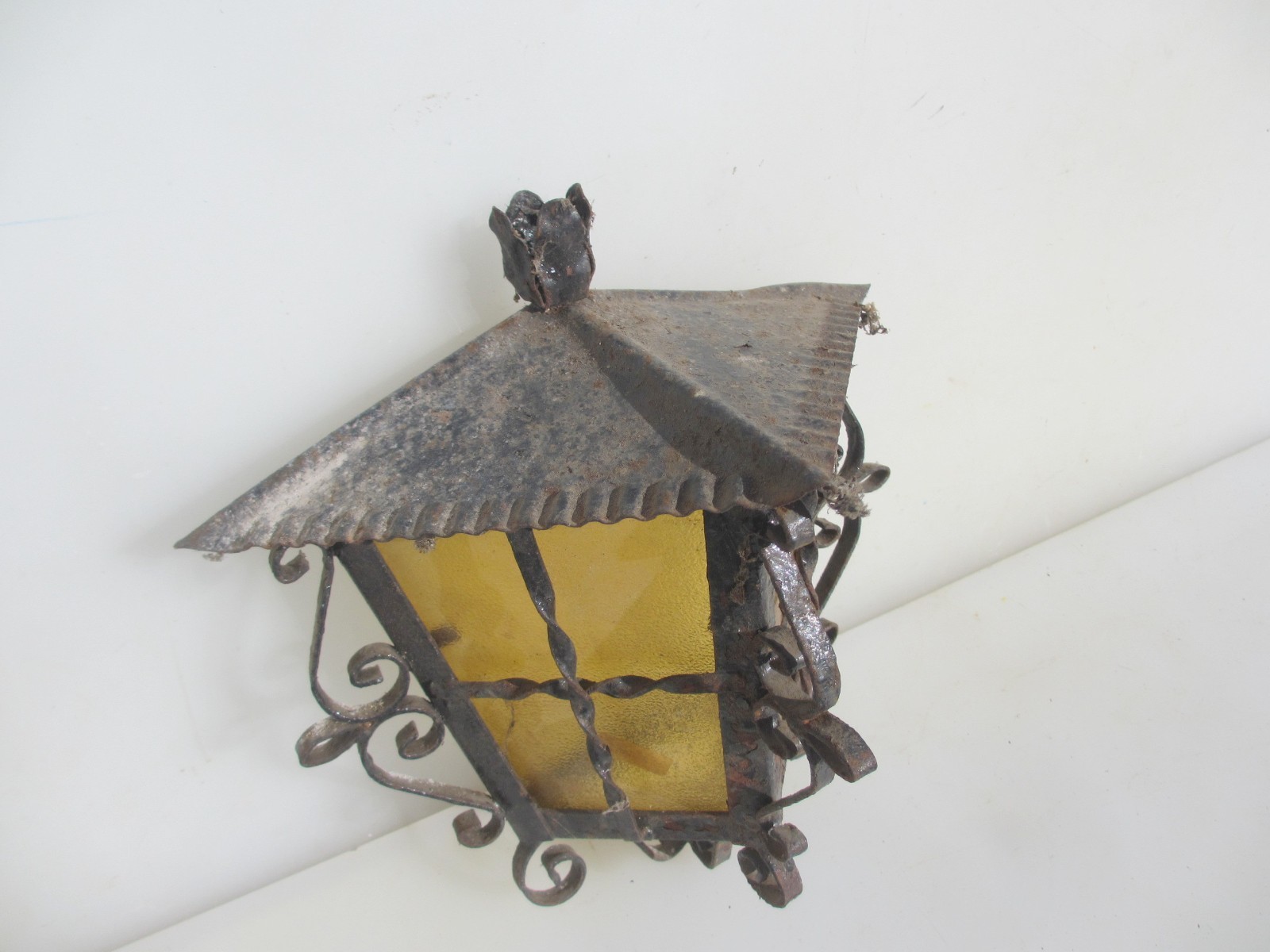 Vintage Wrought Iron Garden Light Shade Yellow Glass Antique Lantern