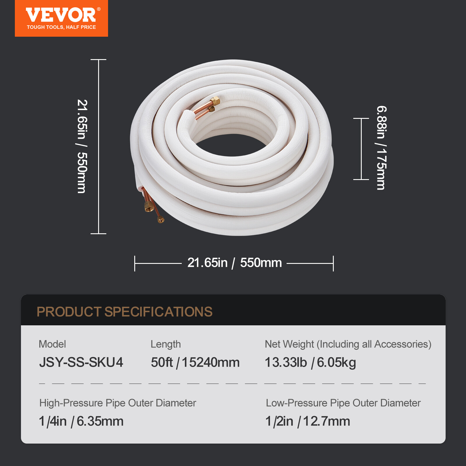 VEVOR Ductless Mini Split Line Set 1/4''x1/2''x50ft Insulated Copper Tubing AC