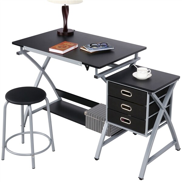 Adjustable Drafting Table Artist Desk Art Craft Drawing Desk w/ Storage & Stool