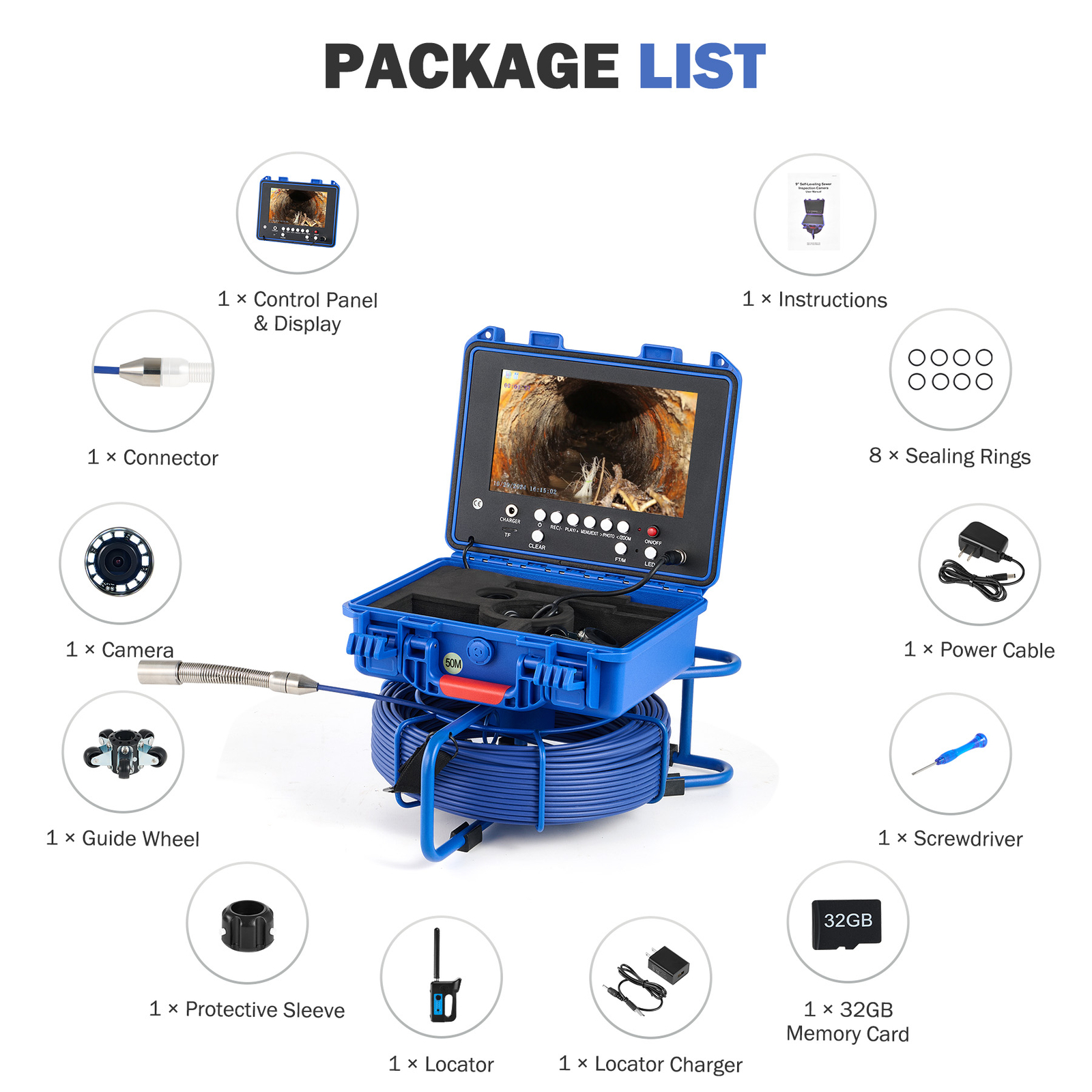 9" Self-Leveling Sewer Camera 32GB w. Locator 164ft /50m Digital Length Counter