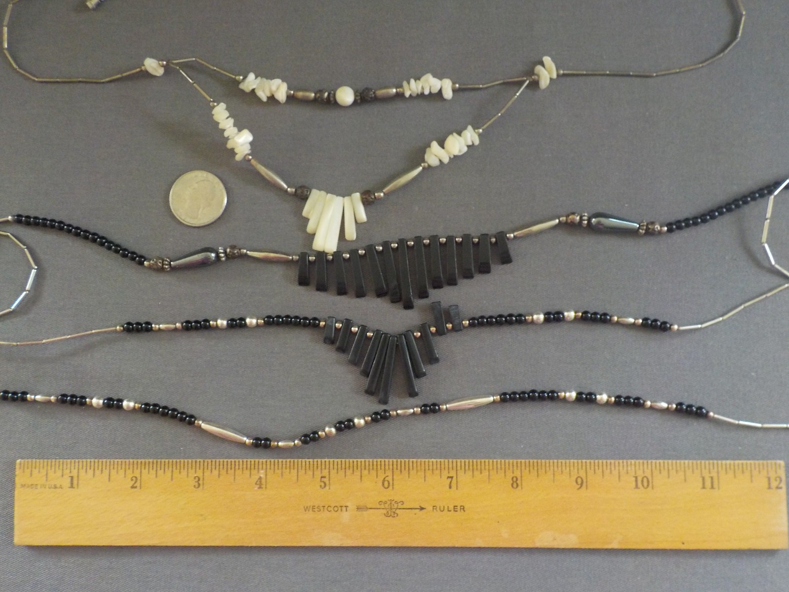 Vintage Spikey Black & Shell Necklace Silver Tone Metal Single & Double Strand