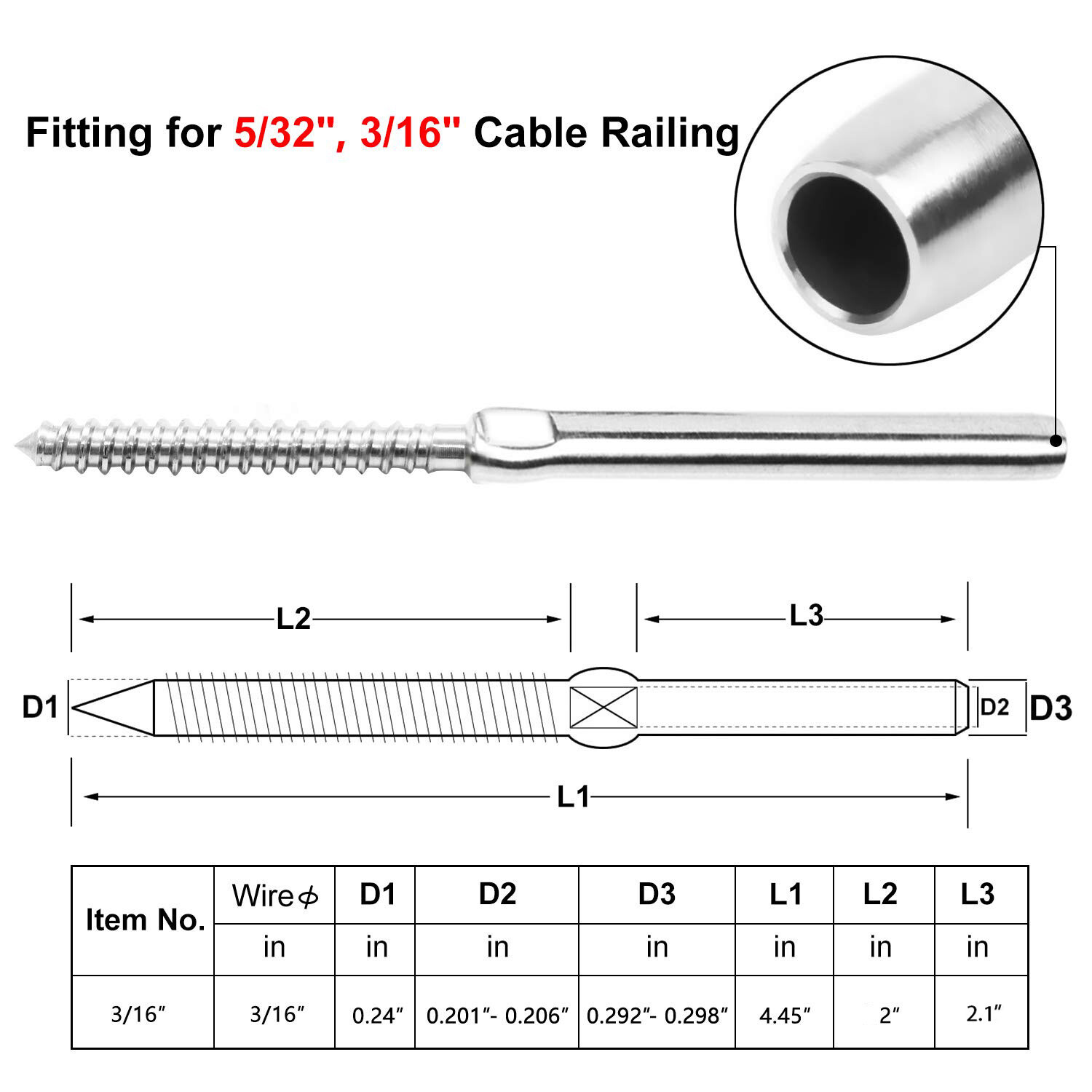 T316 Stainless Steel Lag Stud Hand Swage Left-Right Cable Railing for 3/16"Cable