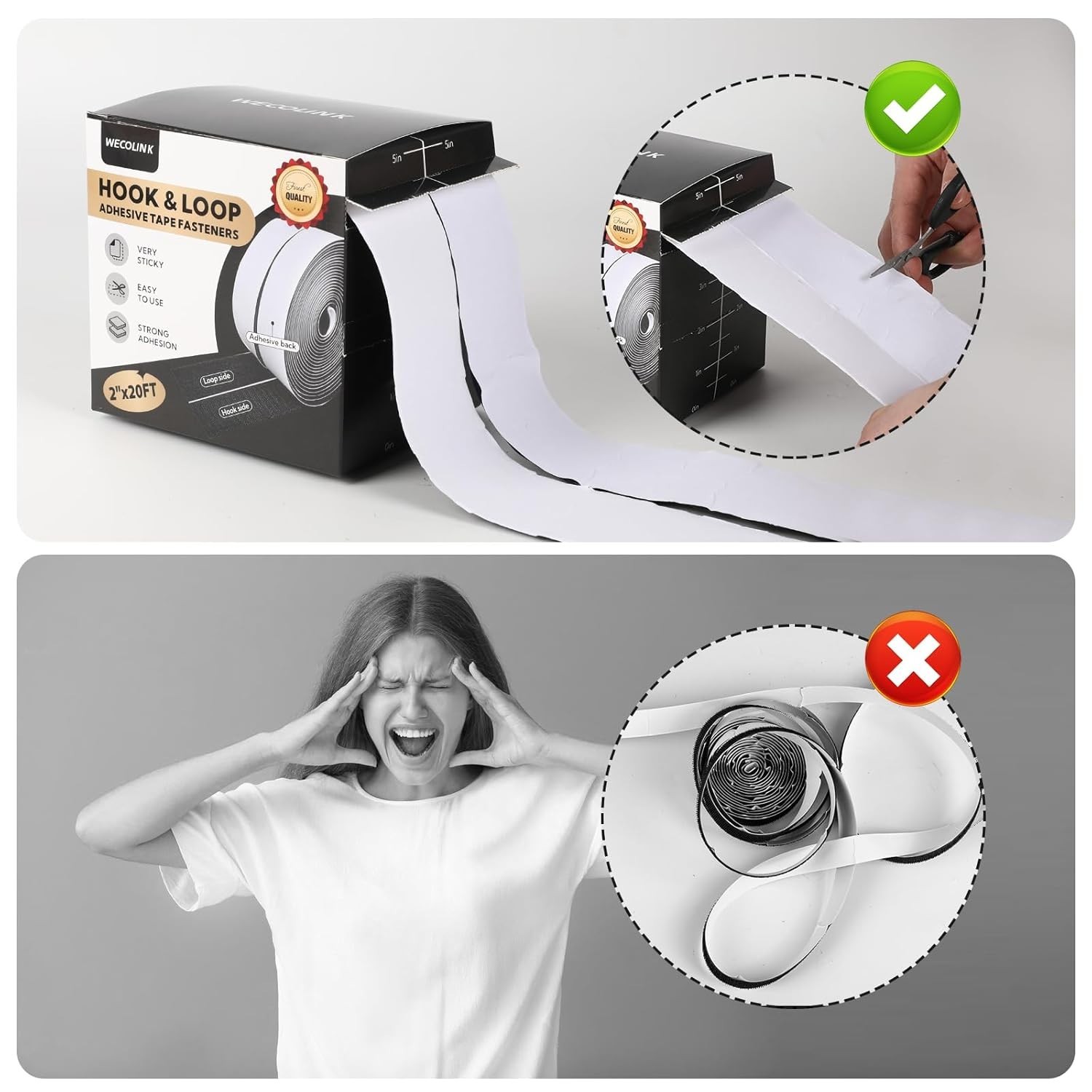 20Ft x 2 Inch Hook and Loop Tape Strips with Adhesive, Heavy Duty Sticky Back