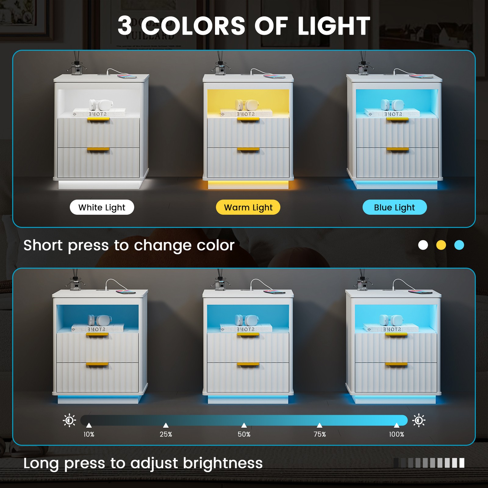 Gurexl Nightstand Set of 2 with Charging Station and 3-Color LED Lights , White