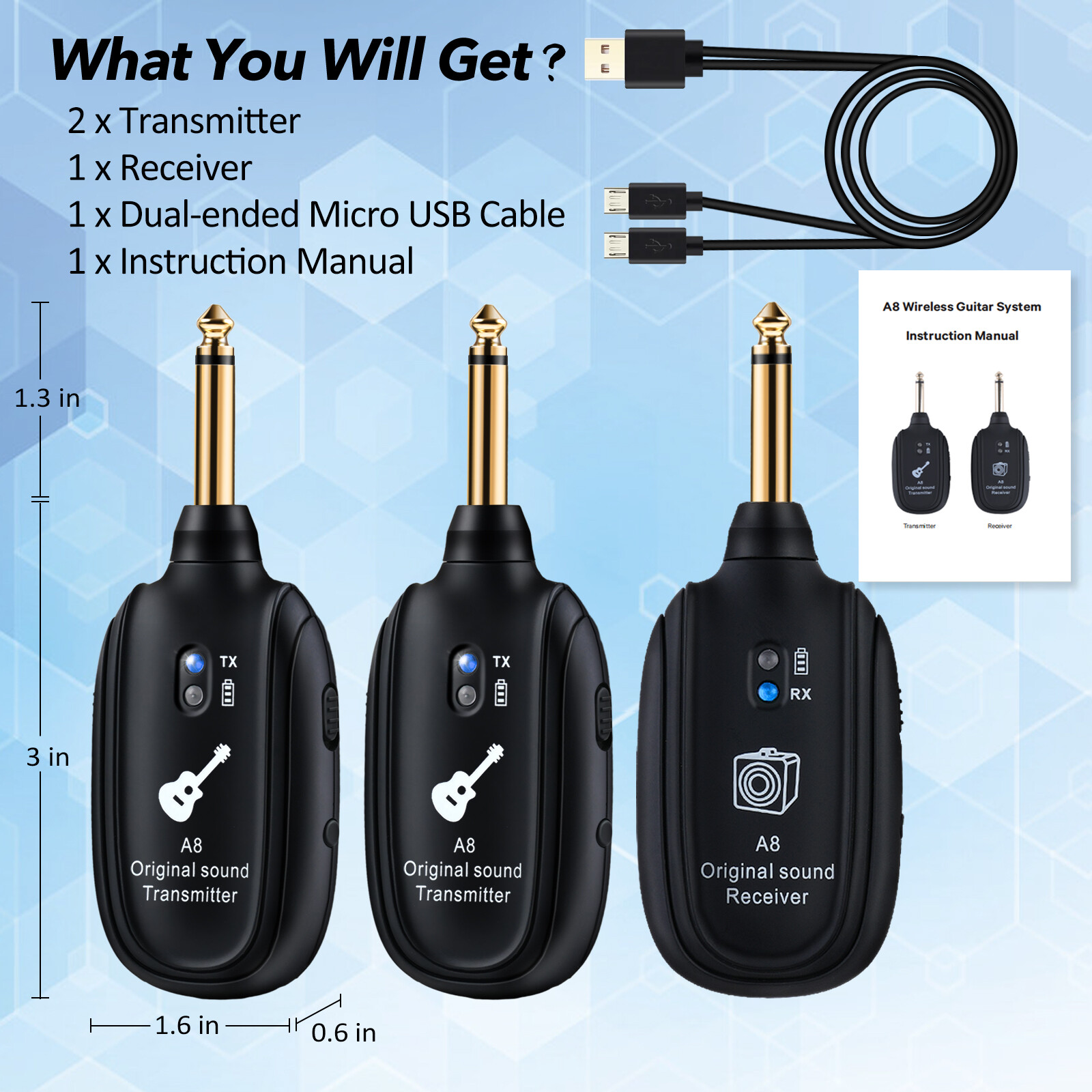 UHF Wireless Guitar System Dual Transmitter & 1Receiver for Electric Guitar Bass