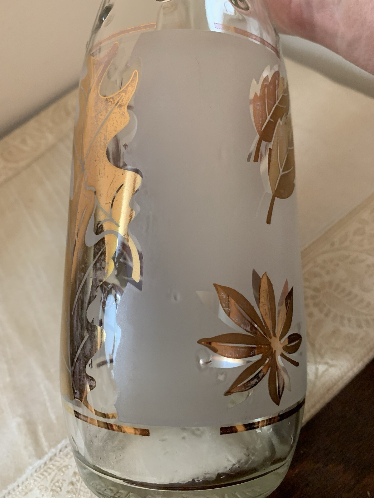 Vintage Libbey Frosted White with Gold Leaves Bottle/Decanter 12” Tall 3” High