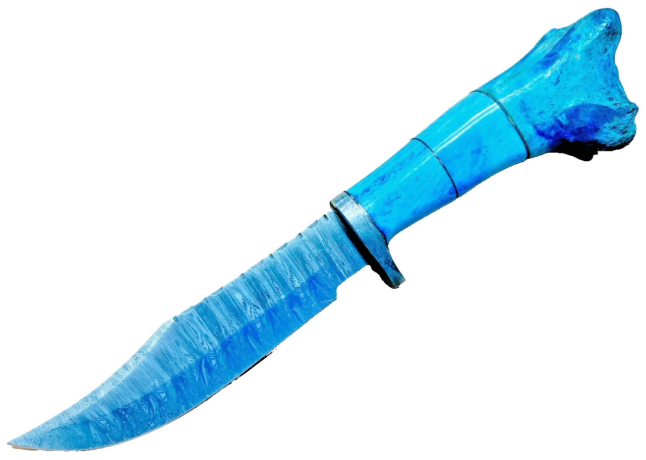 Blue Stag Bone Handle Damascus Fixed Blade Knife, Custom Made