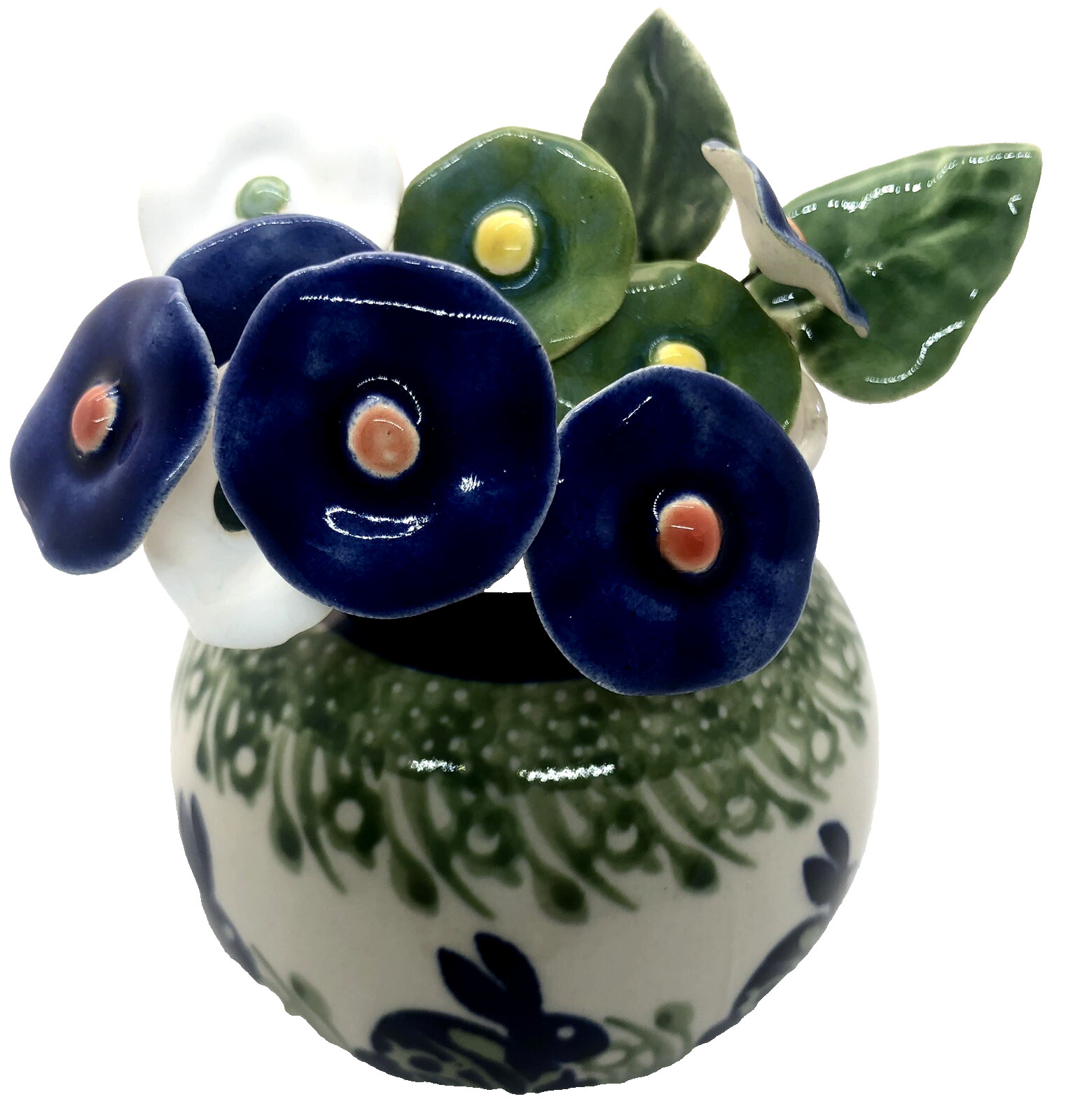 Polish Pottery Round Vase P324 Bunny Rabbit with 11 Polish Ceramic Flowers