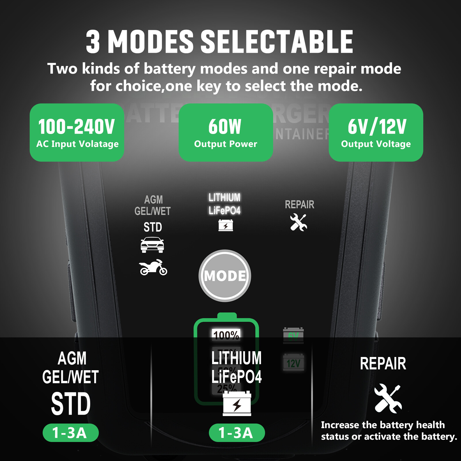 3000mA 6V 12V Fully Automatic Battery Charger Maintainer for Lithium LiFePO4