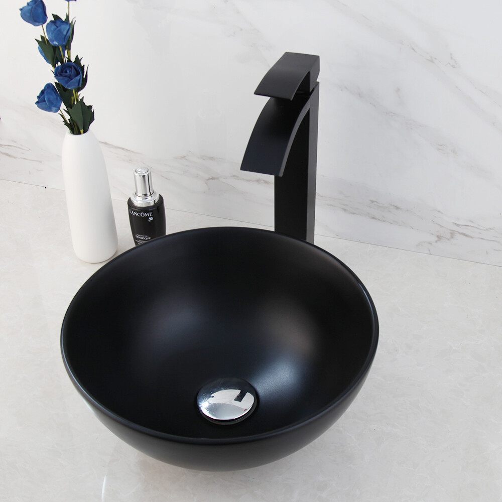 Ceramic Round Black Bathroom Vessel Sink Washing Basin Bowl Waterfall Faucet Tap