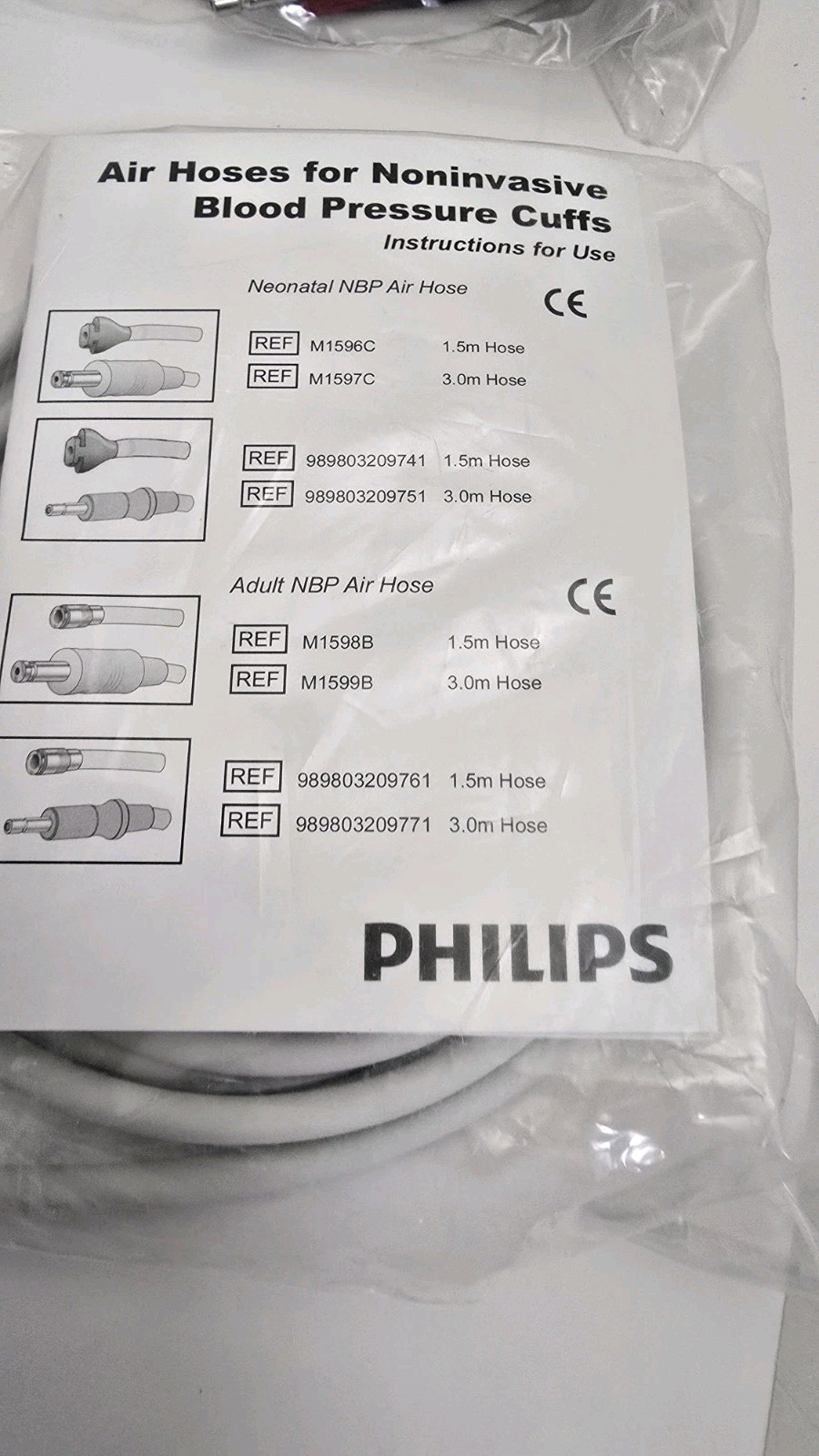 Lot of (5) Philips Adult NIBP BP Air Hose 3.0m 989803209771 New in Bags