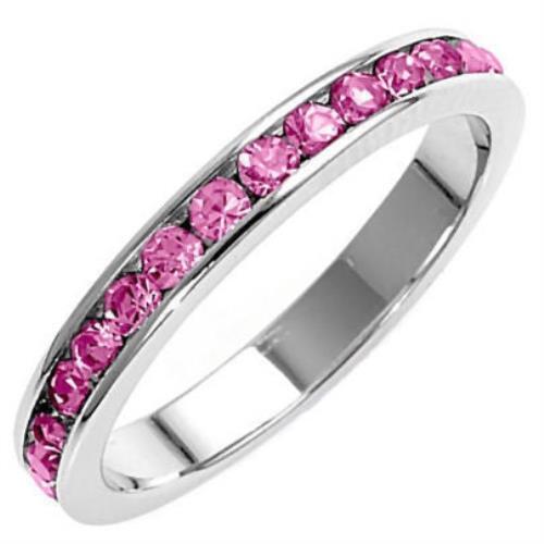 Sasha: Stackable Pink Tourmaline Ice CZ Birthstone Silver Eternity Band Ring