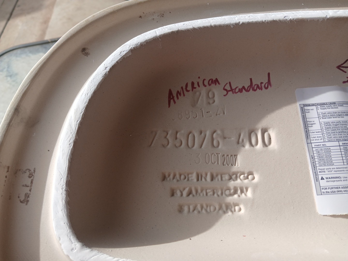 AMERICAN STANDARD WHITE TOILET TANK LID
