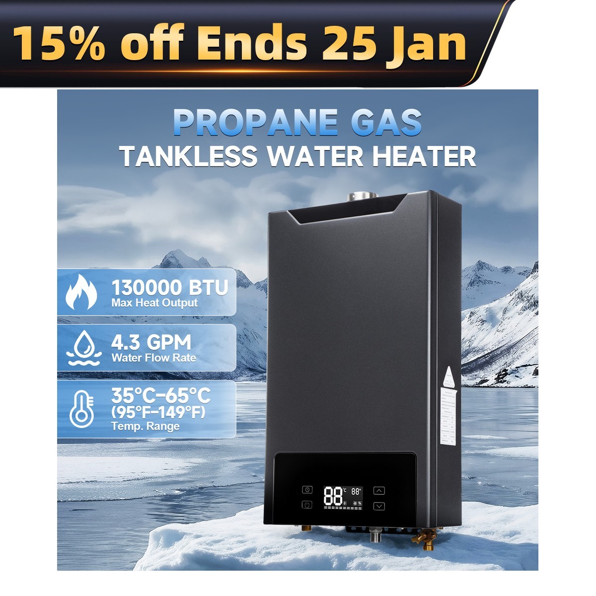 130,000 BTU Propane Gas Tankless Water Heater 4.3 GPM Instant Hot Water Heater